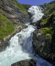 Kjosfossen waterfall, waterfall near Fureberget, rock faces, trees, sky, Flåm, Sogn og Fjordane,