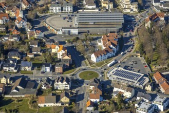 Aerial view, roundabout Hellweg, Aldi supermarket, above Kaufland supermarket, Werl, Soester Börde,