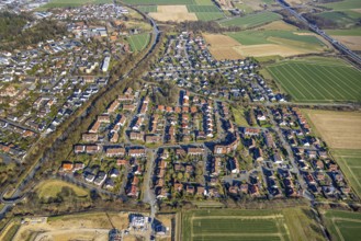 Aerial view, residential area, local view on the L969 country road, building site construction site