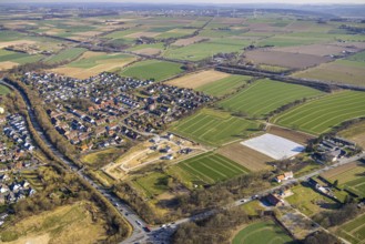Aerial view, residential area, local view on the L969 country road, building site construction site