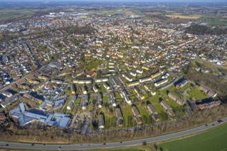 Aerial view, residential area local view Werl, blue sky with distant view, below the