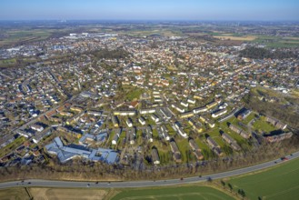 Aerial view, residential area local view Werl, blue sky with distant view, below the