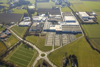 Aerial view, industrial area Prozessionsweg with furniture Turflon, car park and roundabout,