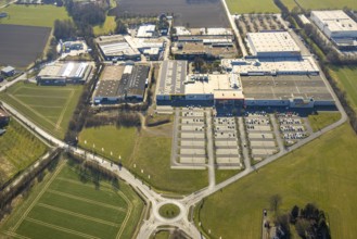 Aerial view, industrial area Prozessionsweg with furniture Turflon, car park and roundabout,