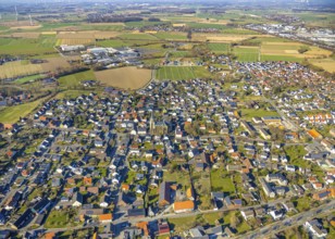Aerial view, residential area local view with catholic church St. Kunibert, behind commercial area