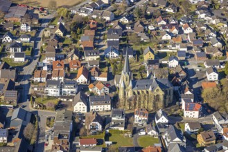 Aerial view, residential area local view with catholic church St. Kunibert, Westbüderich, Werl,