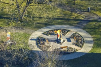 Aerial view, monastery garden circular monument at the pilgrimage basilica Mariä Heimsuchung, Werl,