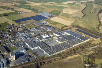 Aerial view, commercial area Zur Mersch with CS Parts Logistics GmbH warehouse, meadows and fields,