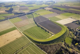 Aerial view, flood retention basin Bruchbachtal-Büderich, meadows and fields, Westbüderich, Werl,