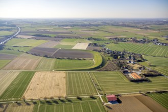 Aerial view, flood retention basin Bruchbachtal-Büderich, meadows and fields, Westbüderich, Werl,