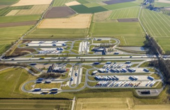 Aerial view, Serways service area Am Haarstrang, truck rest area on the A44 motorway, Westbüderich,