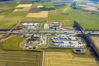 Aerial view, Serways service area Am Haarstrang, truck rest area on the A44 motorway, Westbüderich,