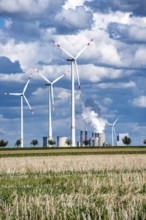 RWE's Neurath lignite-fired power station, wind farm, Rhenish lignite mining region of North