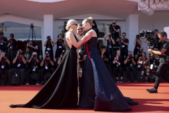 Venice, Italy - 1 September 2025: Mona Fastvold, Amanda Seyfried and Brady Corbet during the Red