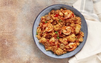 Jambalaya, Creole dish, American pilaf, rice with chicken and shrimp, vegetables, homemade, no