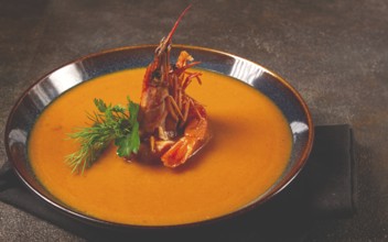 Shrimp cream soup, bisque soup, French cuisine, homemade, no people