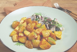 New potatoes, with pickled herring, and red onions, homemade, no people