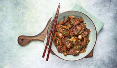 Bulgogi, with mushrooms, with sesame seeds and green onions, Korean cuisine, homemade, no people