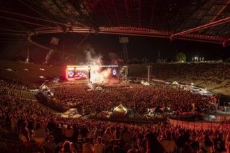 View of the full Olympic stadium at the Superbloom Festival at night, day 2 in the Olympic Park,