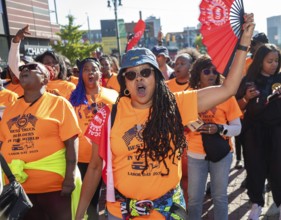 Detroit, Michigan USA - 1 September 2025 -Members of the United Auto Workers march in Detroit's