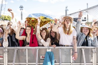 Festival visitors celebrate with Conan Gray at the Superbloom Festival, day 2 in the Olympiapark,