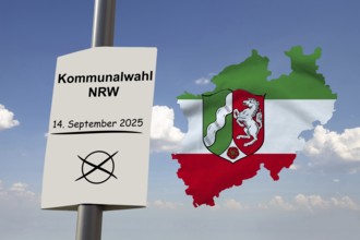 (Photomontage) Election poster with text KOMMUNALWAHL North Rhine-Westphalia 14 SEPTEMBER 2025 next