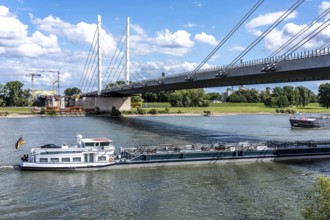 Cargo ships on the Rhine near Duisburg, Rhine bridge of the A40 Neuenkamp motorway, new