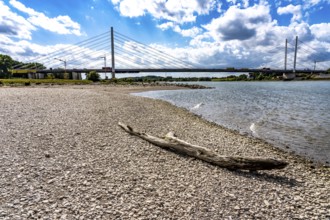 Rhine near Duisburg, low water, Rhine level, the right bank of the Rhine, near Duisburg-Neuenkamp,