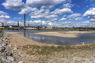 Rhine near Duisburg, low water, Rhine level, the right bank of the Rhine, near Duisburg-Neuenkamp,