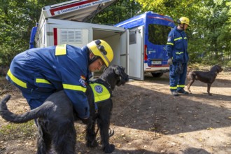Dog handlers with rescue dogs from the Specialist Locating Group get ready for action, the sniffer