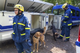 Dog handlers with rescue dogs from the Specialist Locating Group get ready for action, the sniffer