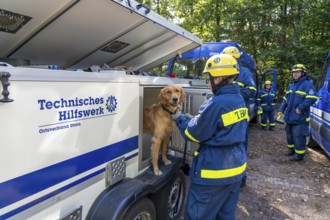 Dog handlers with rescue dogs from the Specialist Locating Group get ready for action, the sniffer