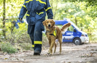 Dog handlers with rescue dogs from the Specialist Locating Group get ready for action, the sniffer
