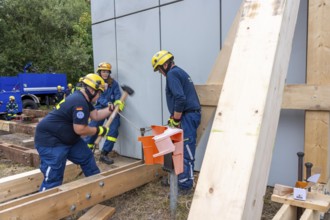 Construction of a façade support for a building in danger of collapsing, with the standard timber