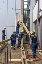 Construction of a façade support for a building in danger of collapsing, with the standard timber