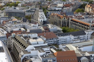 View from the observation deck of the City Tower towards St. Thomas Church, Leipzig, Saxony,