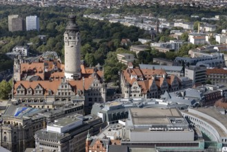 View from the observation deck of the City Skyscraper towards the new town hall, town hall tower,