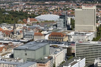 View from the observation deck of the City Tower towards the Zoo, Sparkasse, and The Westin Leipzig