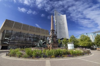 City skyscraper at Augustusplatz with Mende fountain, Leipzig, Saxony, Germany, 26.08.2025 <