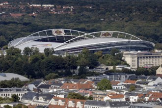 View from the observation deck of the City Tower towards the Red Bull Arena, Leipzig, Saxony,