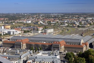 View from the observation deck of the City Tower to the main station, Leipzig, Saxony, Germany, 26