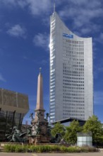 City skyscraper at Augustusplatz with Mende fountain, Leipzig, Saxony, Germany, 26.08.2025 <