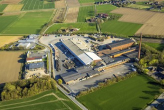 Aerial view, Raiffeisen Vital eG and Hüning Elementbau with chimney, Olfen-Kirchspiel, Olfen,