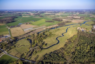 Aerial view, Steveraue Olfen nature reserve, meadows and fields with distant view,