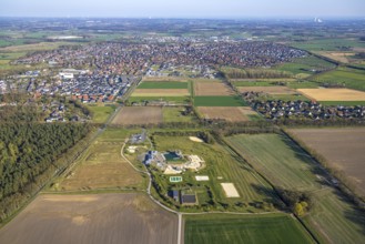 Aerial view, natural swimming pool Olfen outdoor pool and sandy beach and water playground, local