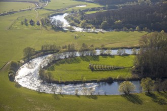 Aerial view, river Lippe meander, Lippe loop, river development and floodplain development of the