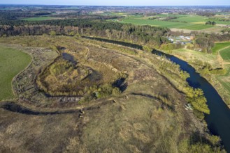 Aerial view, Lippe floodplain nature reserve, river Lippe, river development and floodplain