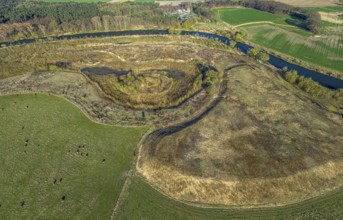 Aerial view, Lippe floodplain nature reserve, river Lippe, river development and floodplain