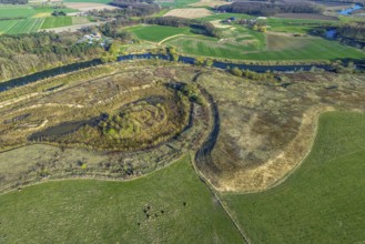 Aerial view, Lippe floodplain nature reserve, river Lippe, river development and floodplain