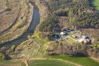 Aerial view, sewage treatment plant Olfen at the river Lippe, Olfen-Kirchspiel, Olfen, Münsterland,